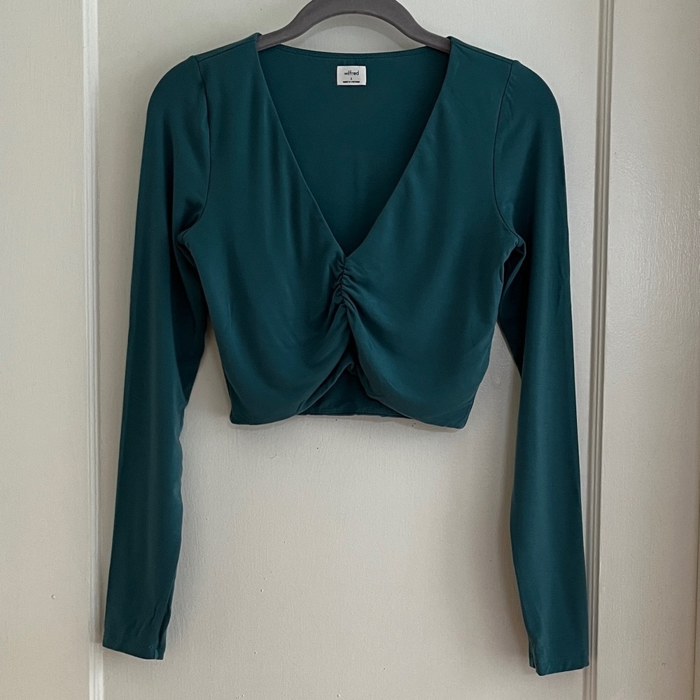 Wilfred Balletcore Peacock Blue Ruched V-Neck Long Sleeved Crop Top Size Small